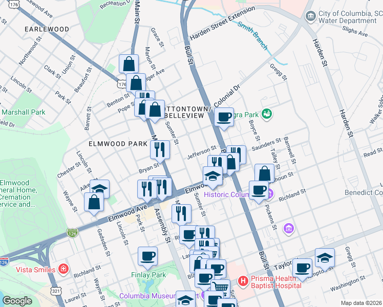 map of restaurants, bars, coffee shops, grocery stores, and more near 2201 Marion Street in Columbia