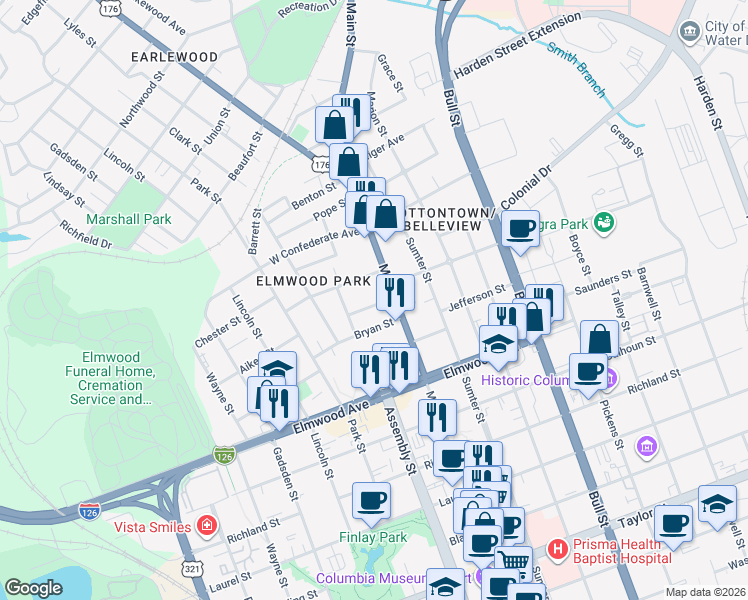 map of restaurants, bars, coffee shops, grocery stores, and more near 1127 Bryan Street in Columbia