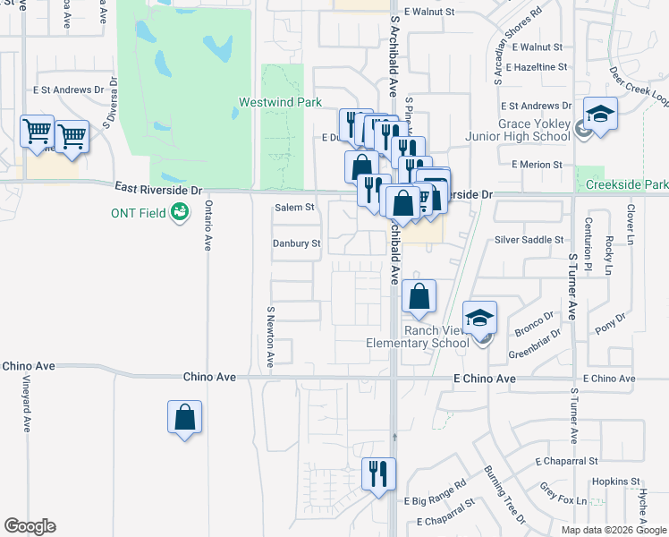 map of restaurants, bars, coffee shops, grocery stores, and more near 13150 South Archibald Avenue in Ontario