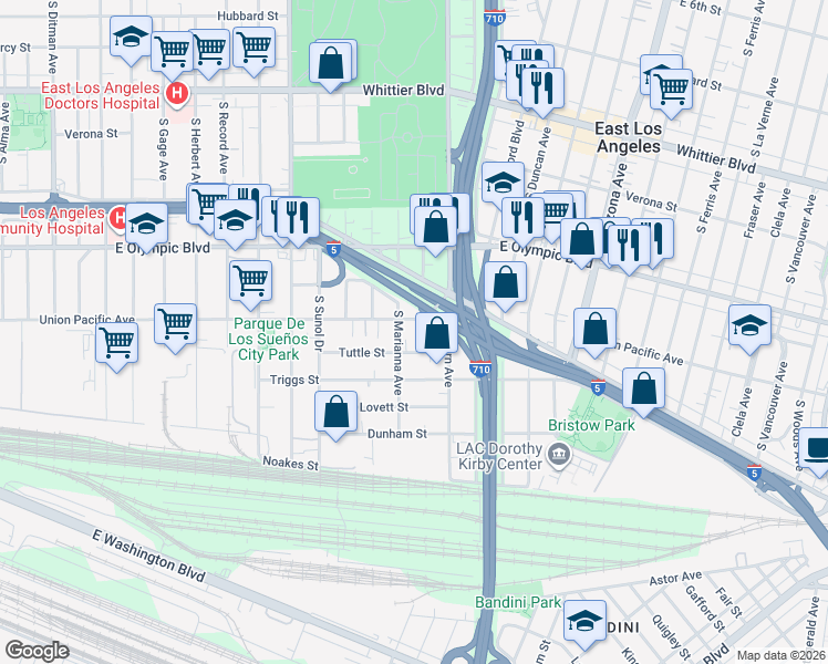 map of restaurants, bars, coffee shops, grocery stores, and more near 4445 Tuttle Street in Los Angeles