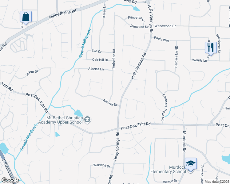 map of restaurants, bars, coffee shops, grocery stores, and more near 2710 Timberline Road in Marietta
