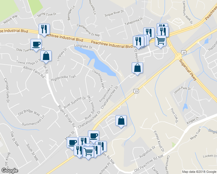 map of restaurants, bars, coffee shops, grocery stores, and more near 2555 Kingsbrooke Lane in Duluth