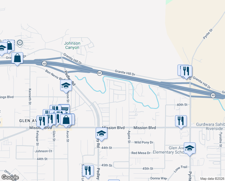 map of restaurants, bars, coffee shops, grocery stores, and more near 4080 Pedley Road in Jurupa Valley