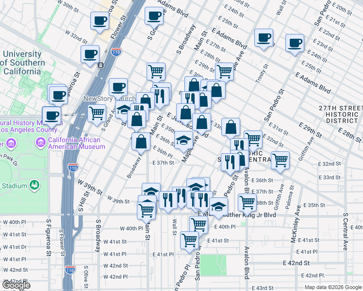 map of restaurants, bars, coffee shops, grocery stores, and more near 173 East 36th Street in Los Angeles