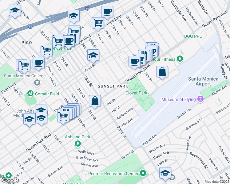map of restaurants, bars, coffee shops, grocery stores, and more near 2420 Ocean Park Boulevard in Santa Monica