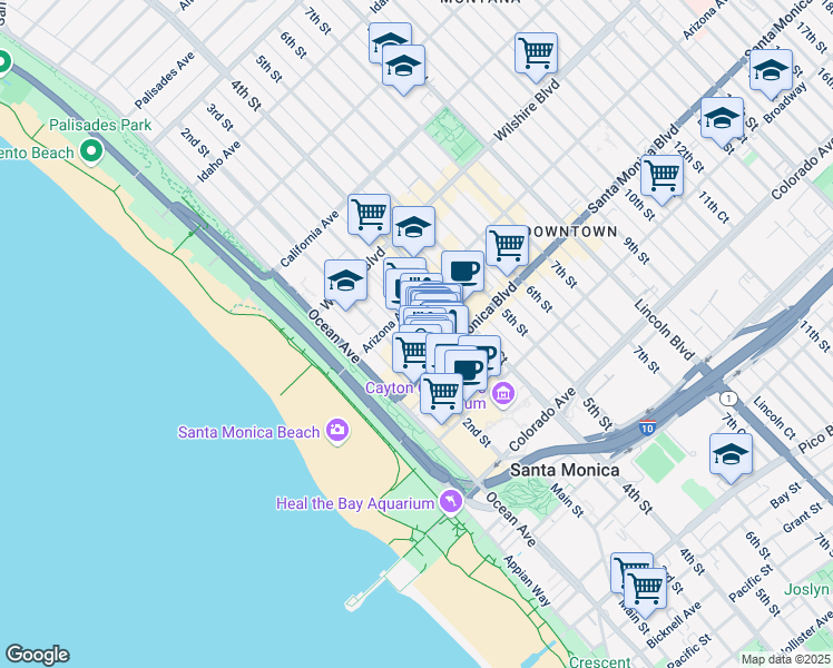 map of restaurants, bars, coffee shops, grocery stores, and more near 1350 2nd Court in Santa Monica