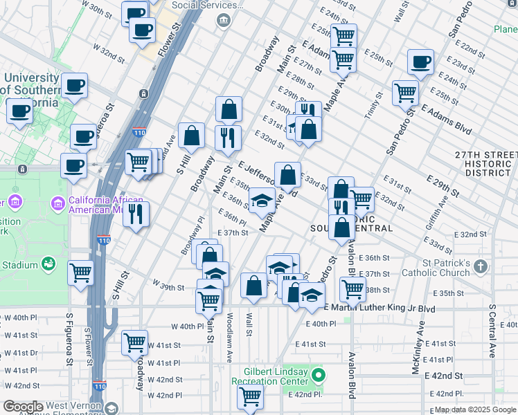map of restaurants, bars, coffee shops, grocery stores, and more near 173 East 36th Street in Los Angeles
