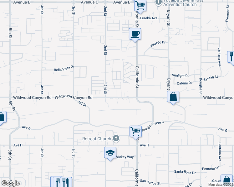 map of restaurants, bars, coffee shops, grocery stores, and more near 34939 Wildwood Canyon Road in Yucaipa