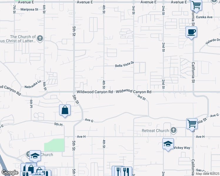 map of restaurants, bars, coffee shops, grocery stores, and more near 34567 Wildwood Canyon Road in Yucaipa