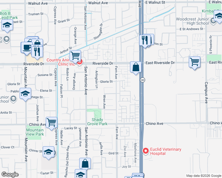 map of restaurants, bars, coffee shops, grocery stores, and more near 6845 Egret Street in Chino