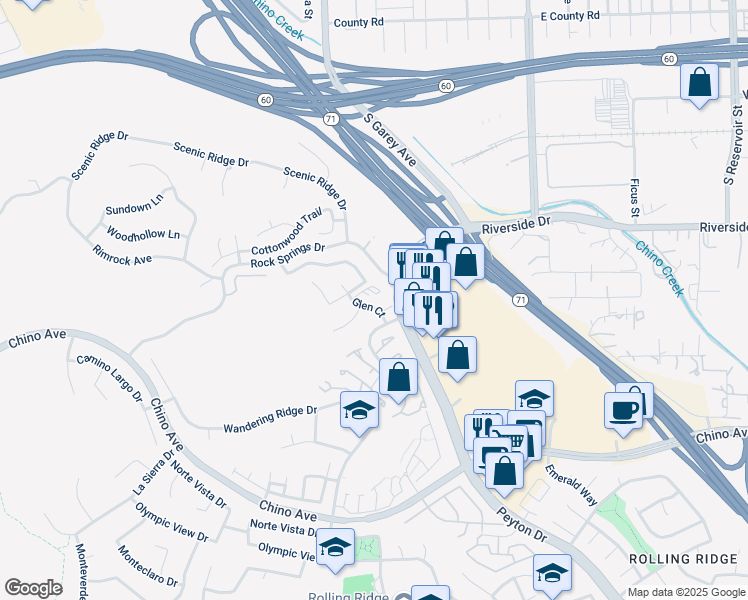 map of restaurants, bars, coffee shops, grocery stores, and more near 13115 Le Parc Boulevard in Chino Hills