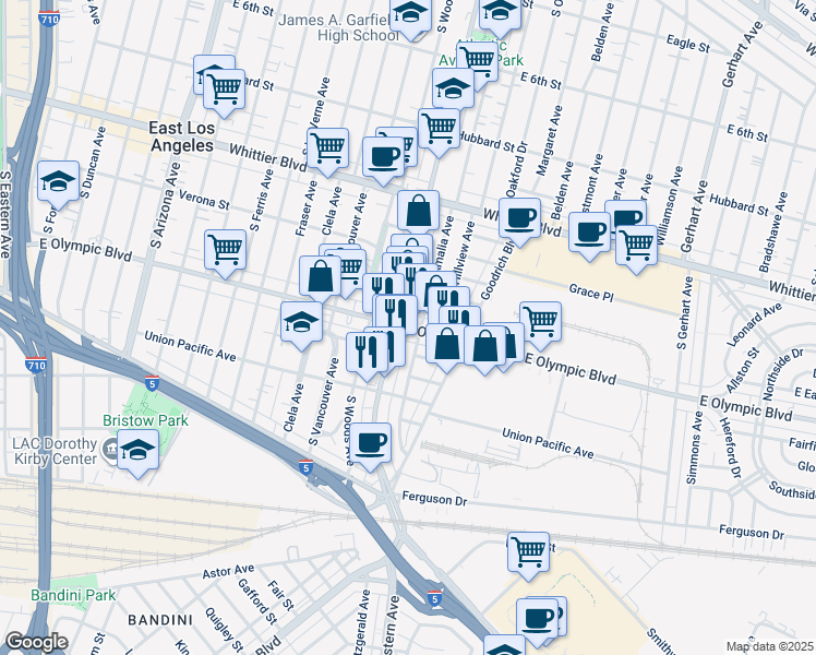 map of restaurants, bars, coffee shops, grocery stores, and more near 1221 Amalia Avenue in East Los Angeles