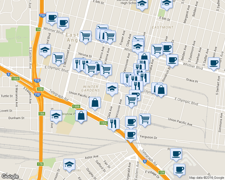 map of restaurants, bars, coffee shops, grocery stores, and more near 1277 Clela Avenue in East Los Angeles