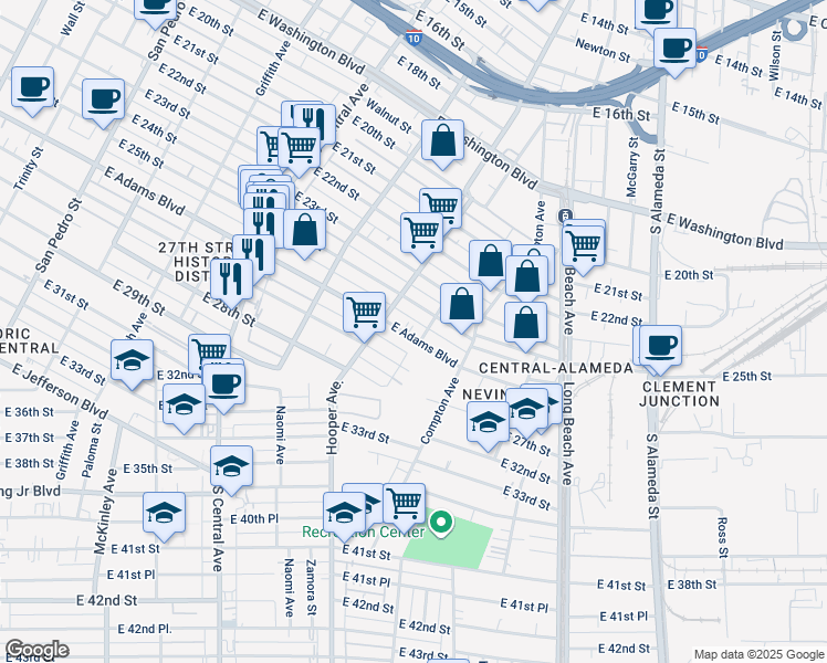 map of restaurants, bars, coffee shops, grocery stores, and more near 1341 East 27th Street in Los Angeles