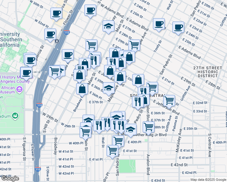 map of restaurants, bars, coffee shops, grocery stores, and more near 3601 Maple Avenue in Los Angeles