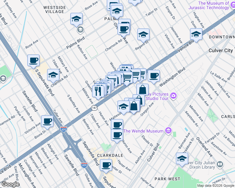 map of restaurants, bars, coffee shops, grocery stores, and more near 3815 College Avenue in Culver City