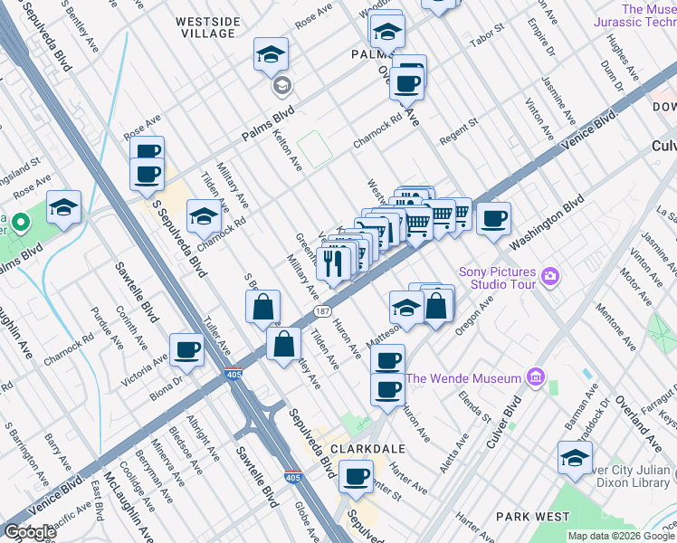 map of restaurants, bars, coffee shops, grocery stores, and more near 10937 Venice Boulevard in Los Angeles