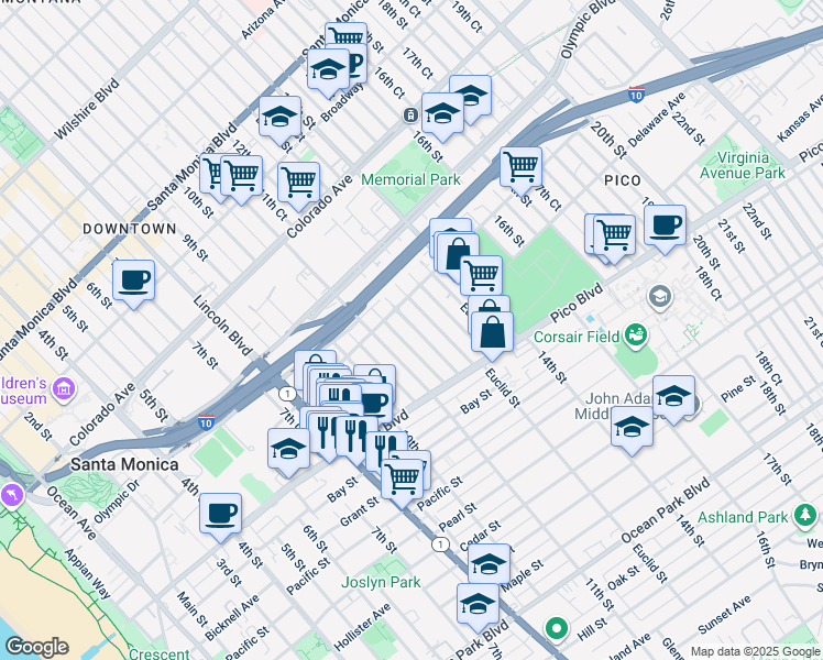 map of restaurants, bars, coffee shops, grocery stores, and more near 1843 11th Street in Santa Monica
