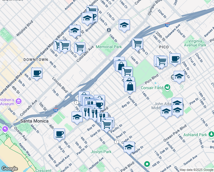 map of restaurants, bars, coffee shops, grocery stores, and more near 1843 11th Street in Santa Monica