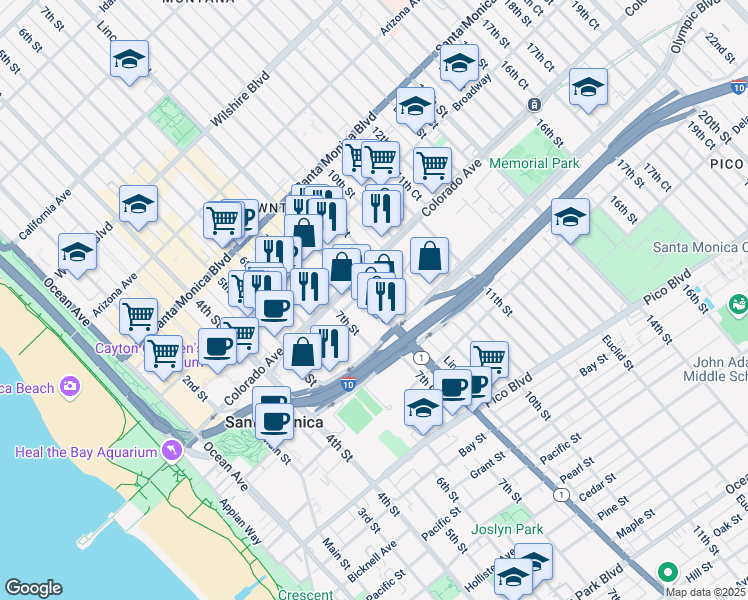 map of restaurants, bars, coffee shops, grocery stores, and more near 1623 7th Street in Santa Monica