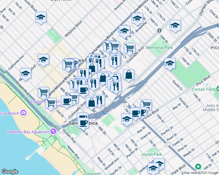 map of restaurants, bars, coffee shops, grocery stores, and more near 1623 7th Street in Santa Monica