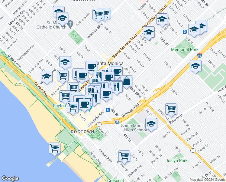 map of restaurants, bars, coffee shops, grocery stores, and more near 1540 6th Street in Santa Monica