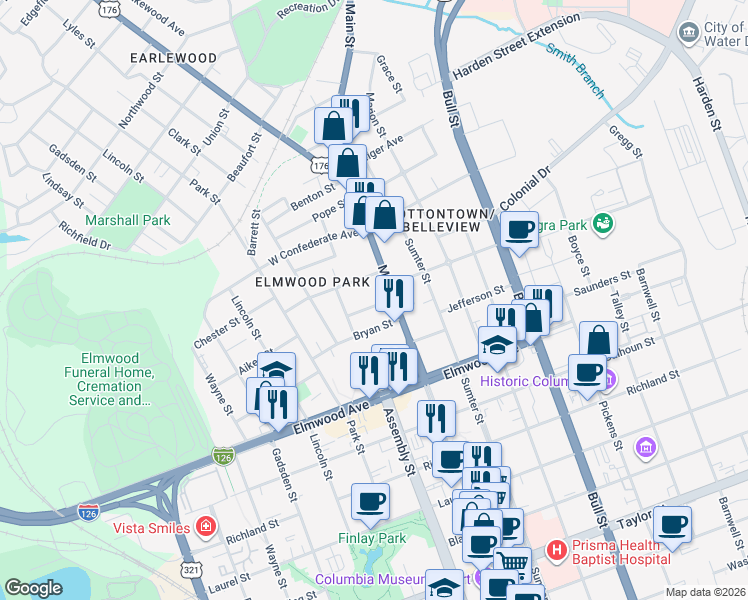 map of restaurants, bars, coffee shops, grocery stores, and more near 1127 Bryan Street in Columbia