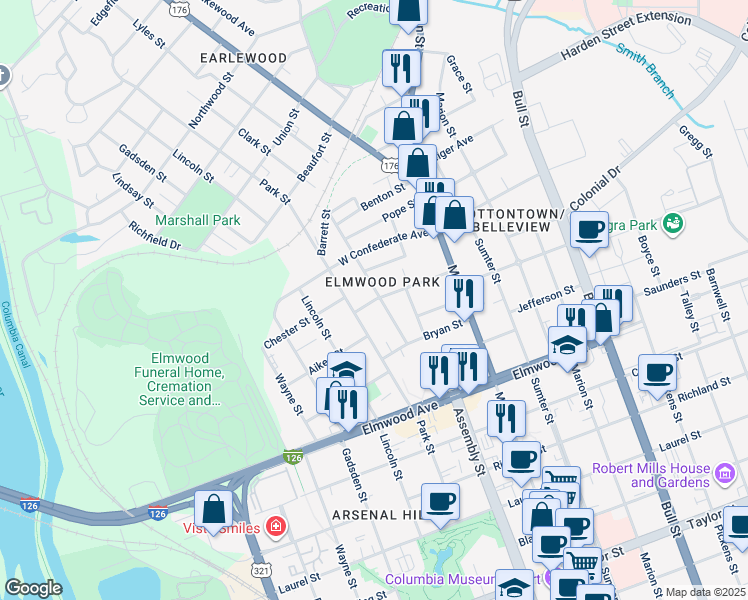 map of restaurants, bars, coffee shops, grocery stores, and more near 2301 Clark Street in Columbia