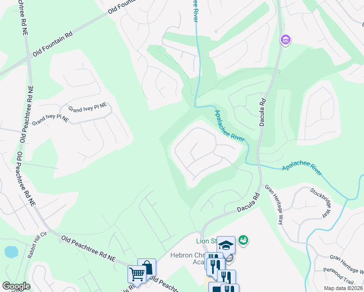 map of restaurants, bars, coffee shops, grocery stores, and more near 2874 Misty Rock Cove in Dacula