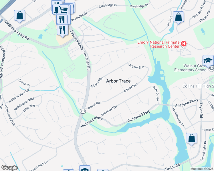 map of restaurants, bars, coffee shops, grocery stores, and more near 2525 Hammock Court in Suwanee