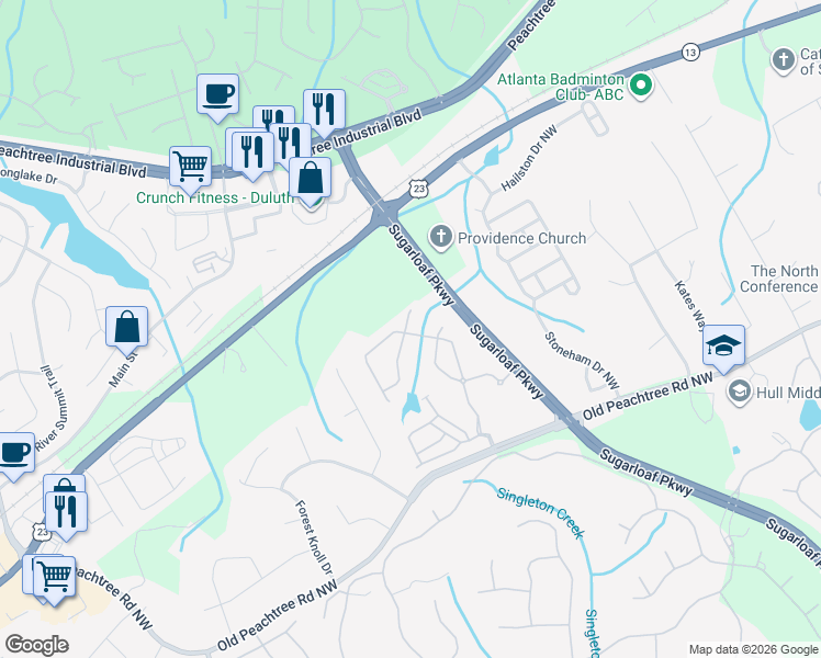 map of restaurants, bars, coffee shops, grocery stores, and more near 3733 Terrah Point Drive in Duluth