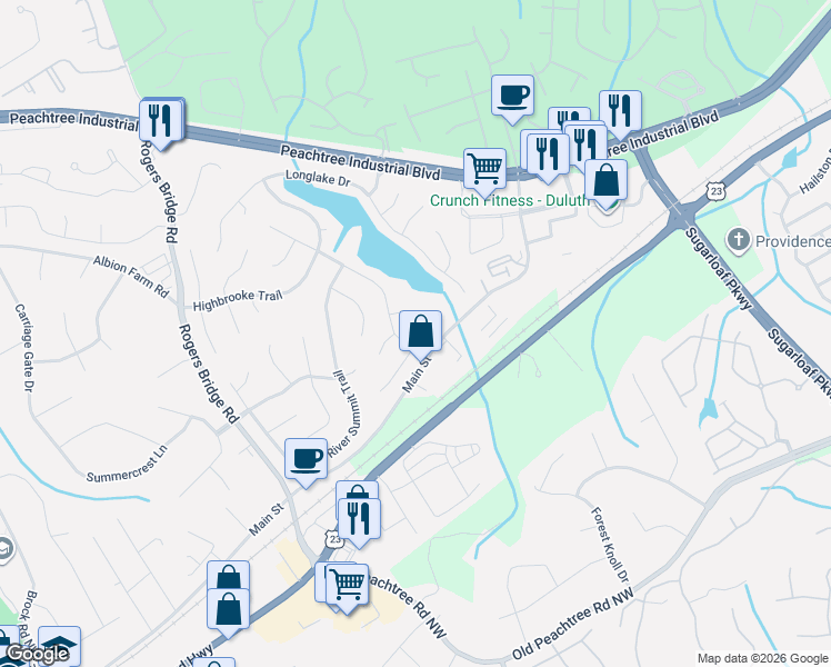 map of restaurants, bars, coffee shops, grocery stores, and more near 2555 Kingsbrooke Lane in Duluth