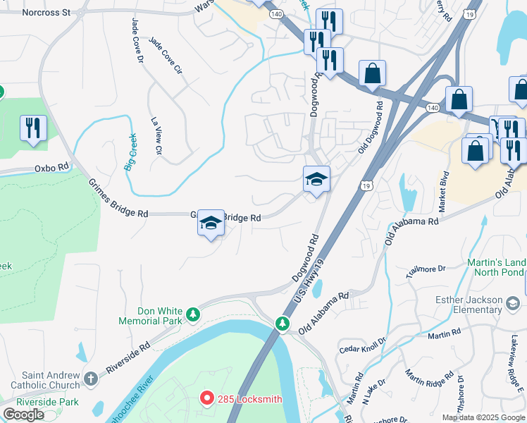 map of restaurants, bars, coffee shops, grocery stores, and more near 1055 Chelsey Way in Roswell