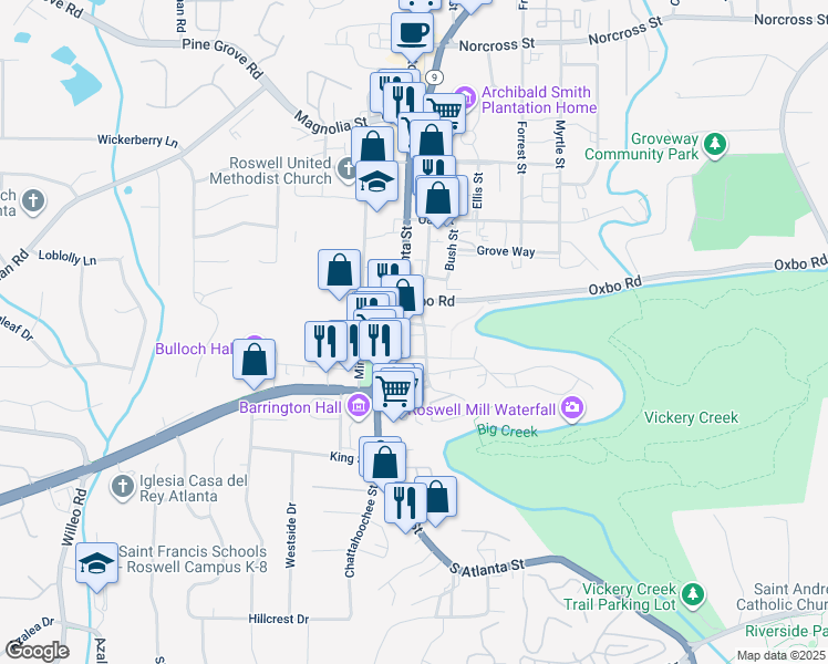 map of restaurants, bars, coffee shops, grocery stores, and more near 34 Sloan Street in Roswell