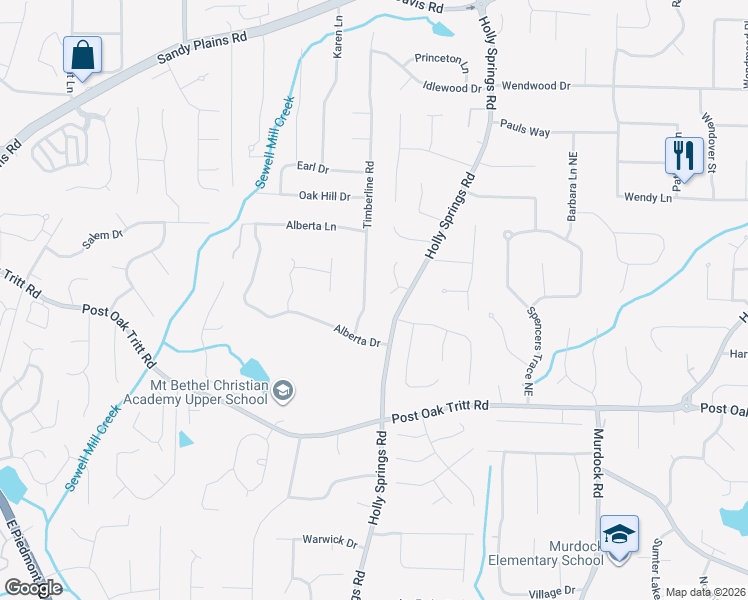 map of restaurants, bars, coffee shops, grocery stores, and more near 2710 Timberline Road in Marietta