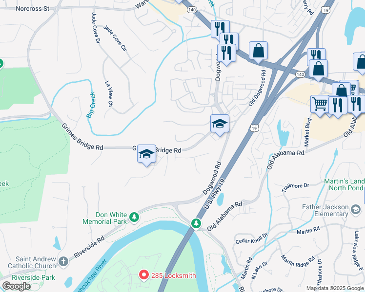 map of restaurants, bars, coffee shops, grocery stores, and more near 1055 Chelsey Way in Roswell