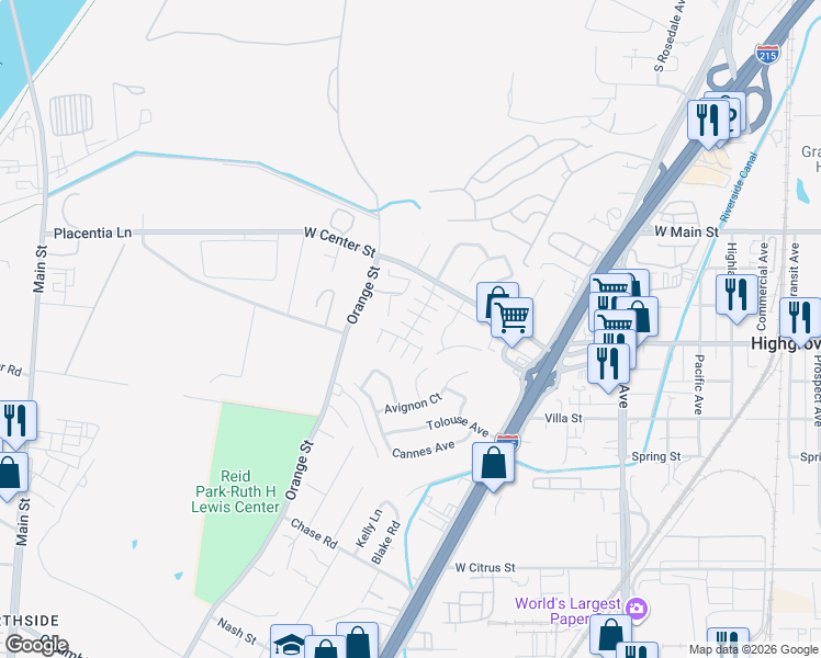 map of restaurants, bars, coffee shops, grocery stores, and more near 391 Claire Street in Riverside
