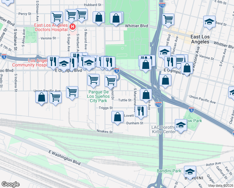 map of restaurants, bars, coffee shops, grocery stores, and more near 4346 Union Pacific Avenue in Los Angeles