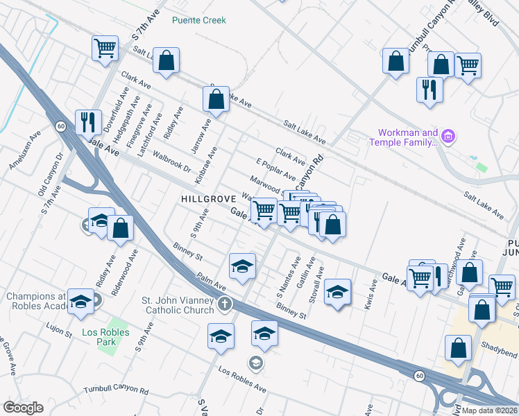 map of restaurants, bars, coffee shops, grocery stores, and more near 15112 Walbrook Drive in Hacienda Heights