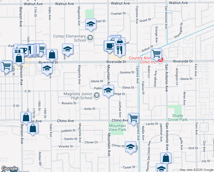 map of restaurants, bars, coffee shops, grocery stores, and more near 6284 Pablo Street in Chino