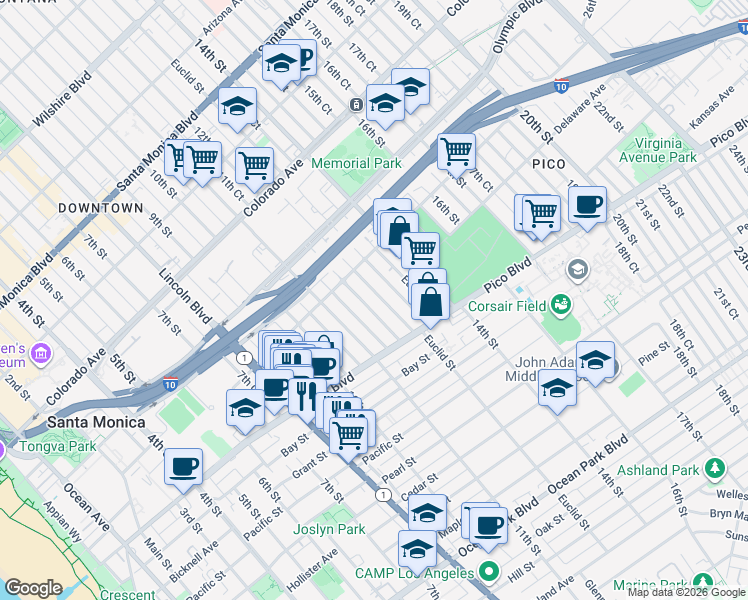 map of restaurants, bars, coffee shops, grocery stores, and more near 1837 12th Street in Santa Monica