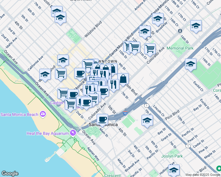 map of restaurants, bars, coffee shops, grocery stores, and more near 1540 6th Street in Santa Monica