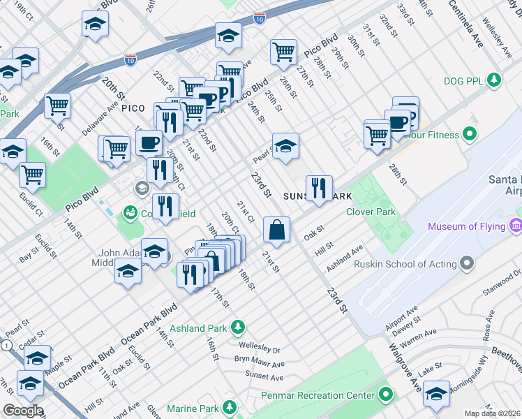 map of restaurants, bars, coffee shops, grocery stores, and more near 2503 21st Court in Santa Monica
