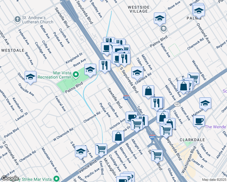 map of restaurants, bars, coffee shops, grocery stores, and more near 3528 Sawtelle Boulevard in Los Angeles