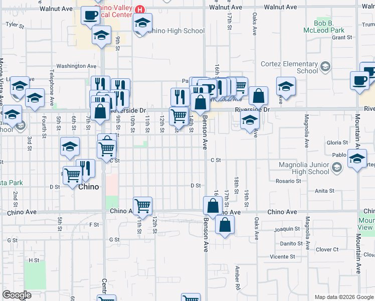 map of restaurants, bars, coffee shops, grocery stores, and more near 13101 13th Street in Chino