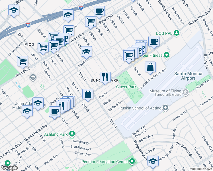 map of restaurants, bars, coffee shops, grocery stores, and more near 2420 Ocean Park Boulevard in Santa Monica