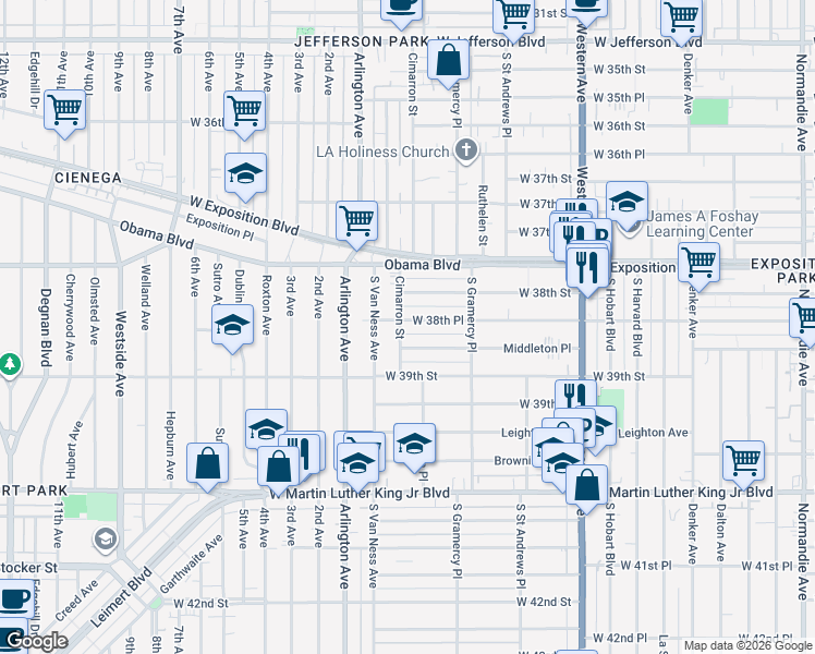 map of restaurants, bars, coffee shops, grocery stores, and more near 1872 West 38th Place in Los Angeles