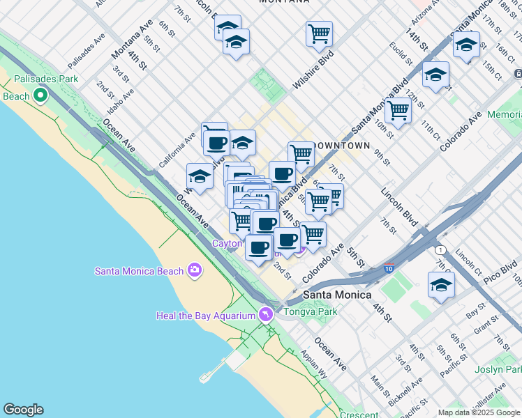 map of restaurants, bars, coffee shops, grocery stores, and more near 1345 3rd Street Promenade in Santa Monica