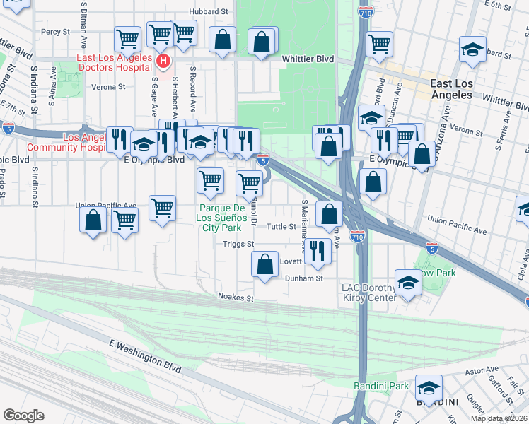 map of restaurants, bars, coffee shops, grocery stores, and more near 4346 Union Pacific Avenue in Los Angeles