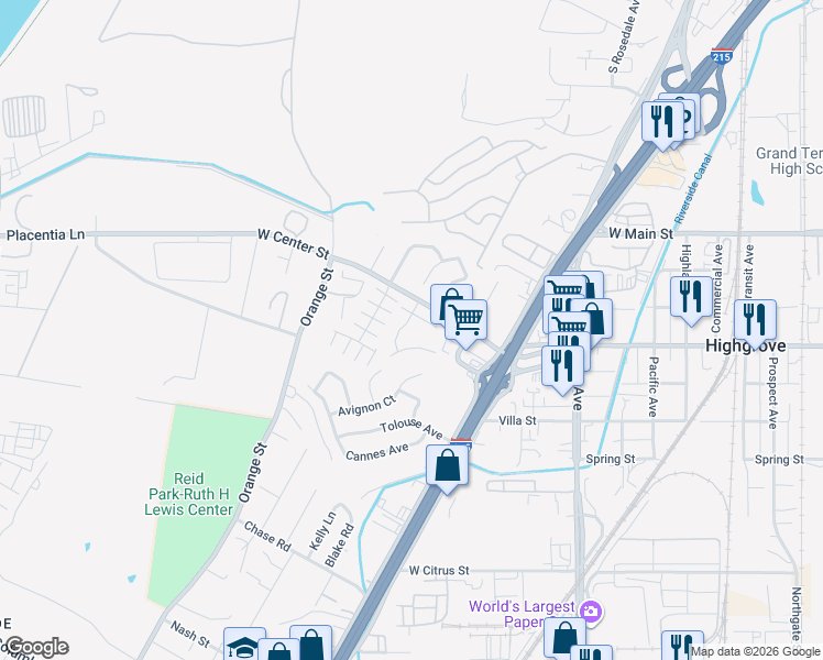 map of restaurants, bars, coffee shops, grocery stores, and more near 3330 Viola Drive in Riverside